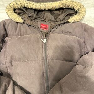 Brown Hooded Jacket with Faux Fur Trim